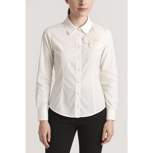 LOFT White Button Down Shirt Flower Applique‎ 12 Preppy Academia Career 80-411
